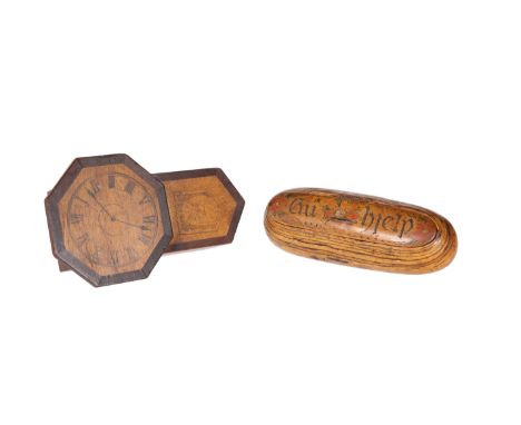 TREEN: A MONEY BOX IN THE FORM OF A WALL CLOCK, 15cm high; together with A NORWEGIAN TABLE SNUFF BOX, dated 1850. (2)