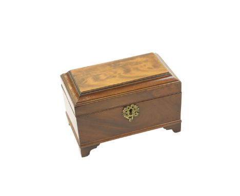 A GEORGE III MAHOGANY TEA CADDY,&nbsp;rectangular with bracket feet, the interior with silvered metal caddies and box. 15cm h