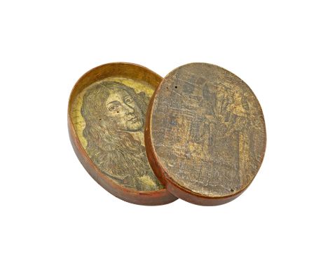 A LATE 17TH CENTURY "BOSCOBEL OAK" SNUFF (OR TOBACCO) BOX, oval, the cover with a print of the marriage of Charles II and Cat