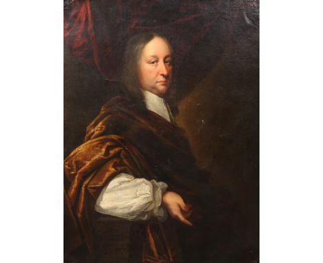SCOTTISH SCHOOL (MID 17TH CENTURY), PORTRAIT OF A GENTLEMAN STANDING WITH BROWN CLOAK AND WHITE COLLAR, oil on canvas, framed