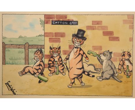 AFTER LOUIS WAIN, "CATTON GARDENS" AND "A BIT OF SLUMMING", two lithographs, framed. Larger 40cm by 50cm overall