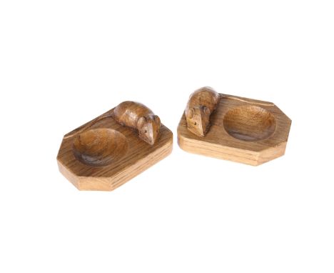 ROBERT THOMPSON OF KILBURNA PAIR OF MOUSEMAN OAK PIN TRAYS, each with carved mouse signature. 10.5cm by 7.5cm