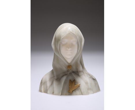 AN ALABASTER BUST OF A YOUNG GIRL IN A CLOAK, EARLY 20TH CENTURY, her eyes downcast, the cloak in green and with gilt highlig