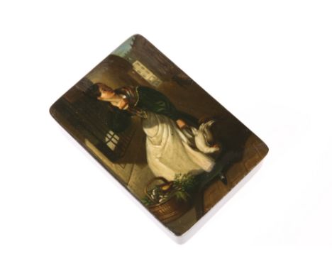AN EARLY 19TH CENTURY GERMAN PAINTED AND LACQUERED SNUFF BOX BY STOBWASSER, c.1830, rectangular, the hinged cover painted wit