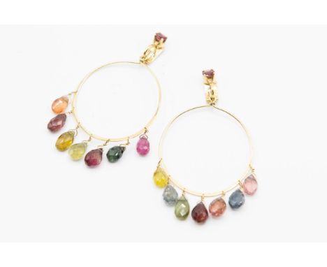 A PAIR OF 18CT YELLOW GOLD AND GEM SET HOOP EARRINGS, the large hoops each set to the bottom with seven evenly spaced rough c