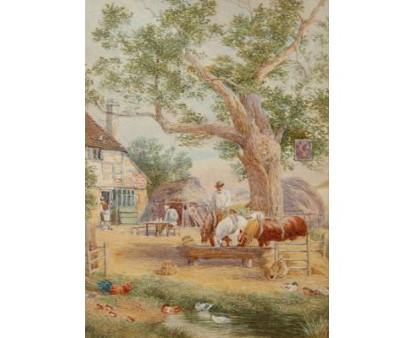 FOLLOWER OF MILES BIRKET FOSTER (1825-1899), RUSTIC SCENE OUTSIDE AN INN WITH HORSES DRINKING FROM A TROUGH, bears monogram l