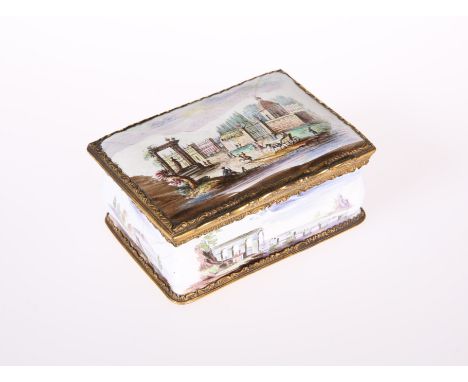 A CONTINENTAL ENAMEL BOX, 18TH CENTURY, of cushion-shaped rectangular form, the gilt-metal mounts chased with Rococo scrolls,