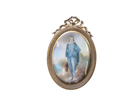A PORTRAIT MINIATURE OF A YOUNG MAN IN 18TH CENTURY DRESS, c.1900, depicted standing&nbsp;in a landscape holding a hat by his