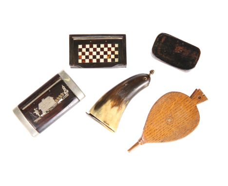 FIVE 19TH CENTURY SNUFF BOXES, including an oak box in the form of bellows, horn box with tortoiseshell and ivory chequer boa