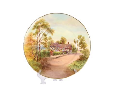 A ROYAL WORCESTER HAND-PAINTED CABINET PLATE,&nbsp;painted with a titled view of Anne Hathaway's Cottage, signed R. Rushton, 
