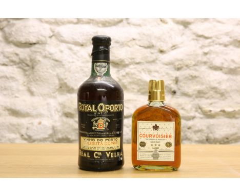 1 BOTTLE ROYAL OPORTO VINTAGE TAWNY COLHEITA DE 1963 TOGETHER WITH 1 (SCREW-MEASURE) FLASK COURVOISIER 3 STAR COGNAC (1970's)