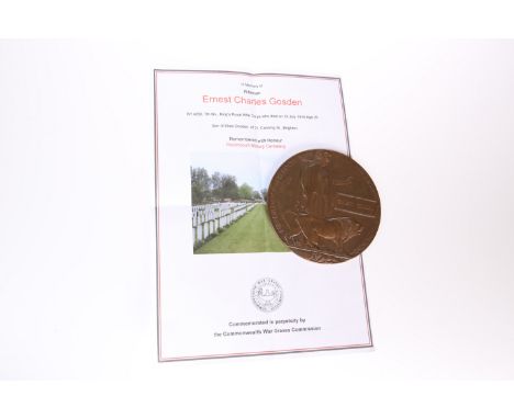 A WWI DEATH PLAQUE, Ernest C. Gosden, R/14250.