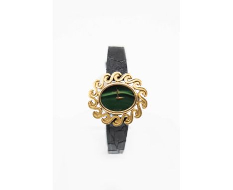 A LADY'S 18CT GOLD BAUME &amp; MERCIER WATCH.&nbsp;Oval striped green enamel dial simulating malachite signed Baume &amp; Mer