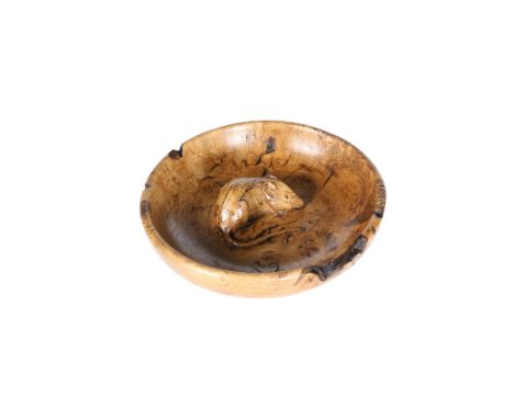 ROBERT THOMPSON OF KILBURNAN EARLY MOUSEMAN BURR OAK BOWL, circular, carved mouse signature to the centre. Diameter 13cm