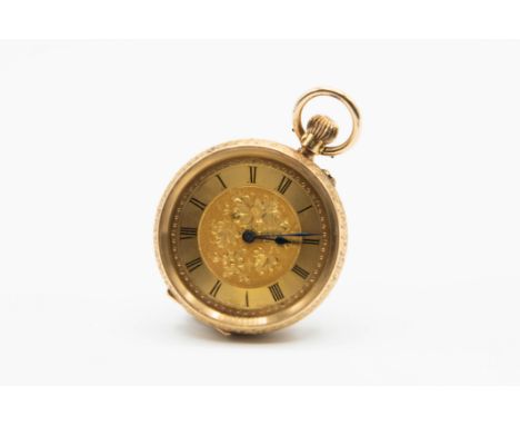 AN 18K GOLD SWISS FOB WATCH. Circular gilt dial with floral engraved centre, black roman index and blued steel hands, case me