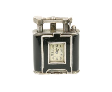 AN ART DECO ALFRED DUNHILL SILVER AND BLACK ENAMEL "UNIQUE LIGHTER",&nbsp;rectangular with rounded ends, the manual wind watc