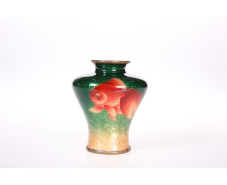 A JAPANESE ENAMEL VASE, decorated with three fish against a green to peach shaded ground, stamped petal mark to base. 9cm hig