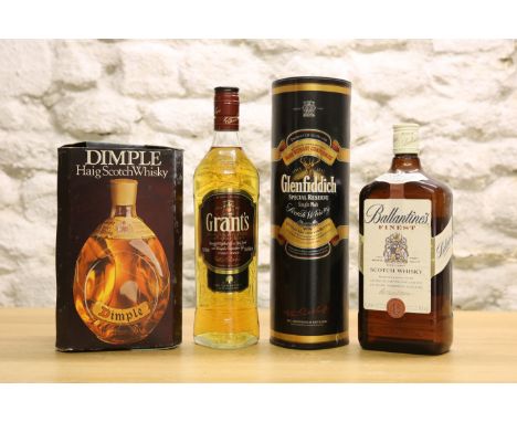 4 BOTTLES INCLUDING A LITRE BOTTLE FINEST SCOTCH WHISKY,&nbsp;comprising: 1 bottle Haig Dimple (boxed) 1980’s, 1 bottle Grant