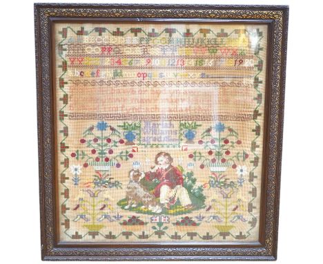 A 19th century cross stitch sampler by Mariah Williams age 15 dated 1879, worked with an outer geometric border, with rows of