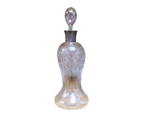 An Edwardian Art Nouveau silver mounted Stourbridge glass decanter, engraved with stylised flowers, John Grinsell &amp; Sons,
