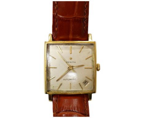 A gentleman's 18k Zenith Automatic square dial wrist watch, with baton numerals and date aperture, on an associated leather s