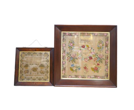 Two Victorian framed samplers; a large colourful floral sampler with short verse by Mary Burton 1862 and a smaller sampler by