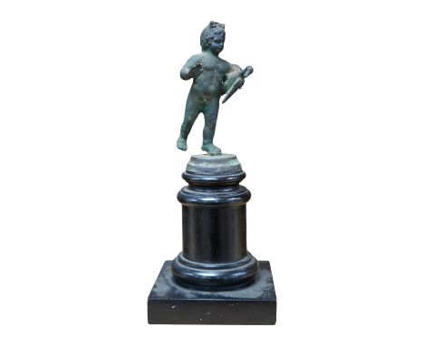 A bronze model of a putto, possibly Roman, holding a duck, on a circular plinth, 24.5cm. Condition - fair to good.