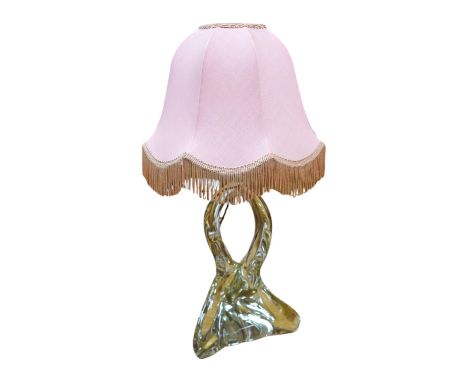 A clear crystal Murano table lamp with fabric pink shade, circa 1960's, wired, glass 28cm high, overall 50cm to top of shade.
