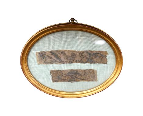 Two 17th century finely embroidered needlework fragments, possibly originally part of a casket or sampler, depicting a butter