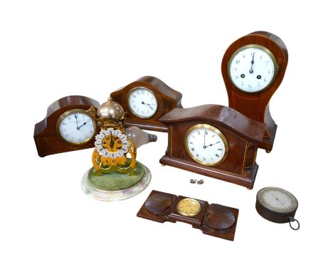 Sundry items to include four Edwardian inlaid mantel clocks, a barometer and a skeleton clock (7). Condition - mostly fair, u