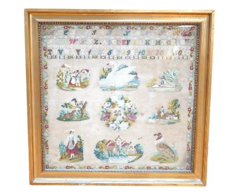 A framed sampler, initialled and dated 1874, worked with nine detailed pictorial motifs below a band of alphabet letters and 