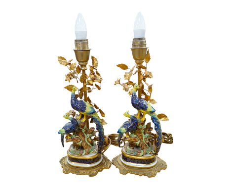 A pair of Sevres gilt metal and ceramic ‘pheasant’ table lamps, 38cm. Condition - good, not tested