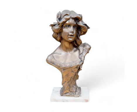 An Art Nouveau style bronzed bust of a lady on marble base, 34cm. Condition - fair