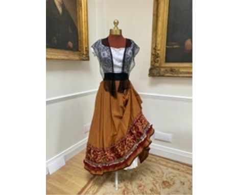 Carmen costume.  A heavy embroidered skirt, and white cotton blouse, silk black waist sash and black lace shawl.  Size 10 to 