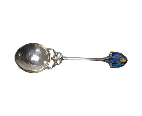 An Edwardian Art Nouveau Kate Harris for William Hutton &amp; Sons silver and enamel spoon, the terminal lacking stone?, Lond