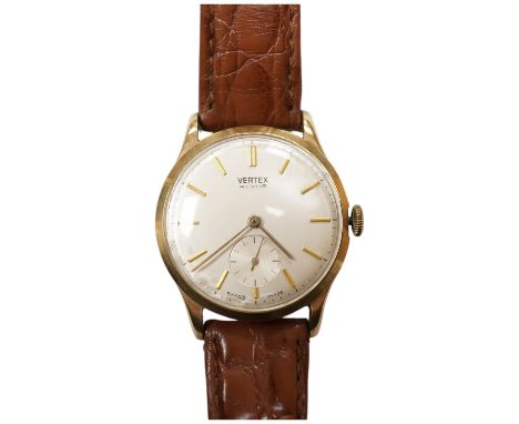 A gentleman's 9ct gold Vertex Revue manual wind wrist watch, case diameter 32mm, on a leather strap. Condition - poor to fair