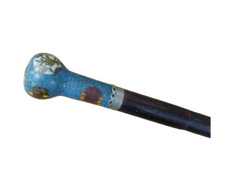 An early 20th century erotica/sado/masochist walking stick with cloisonné enamel handle and concealed chain flogger, 86cm lon