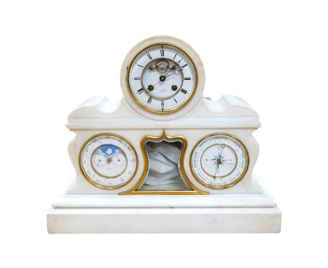 A good late 19th century white marble combination mantel clock, calendar and barometer, with sweep seconds hand, 52cm wide. C
