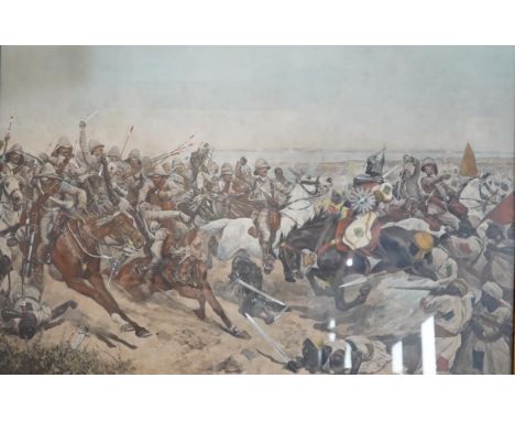 After Edward Matthew Hale (1852-1924), overpainted colour print, The charge of the 21st Lancers in September 1898, heavy gilt