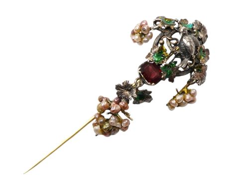 A 19th century Austro-Hungarian? gilt white metal, baroque pearl enamel and garnet set drop  stick pin, decorated with birds 