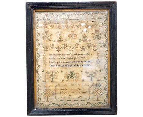 A spot motif and verse sampler, by Sarah Stow dated 1833, worked in multi-coloured silks, with a vineous border, a row of alp