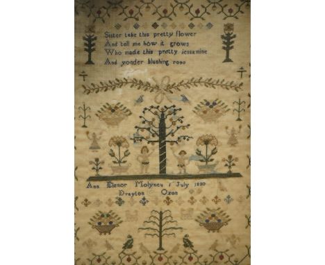 A framed Adam and Eve finely embroidered sampler, by Ann Elenor Molyneu, dated July 1830, Drayton, Oxon, embroidered on fine 