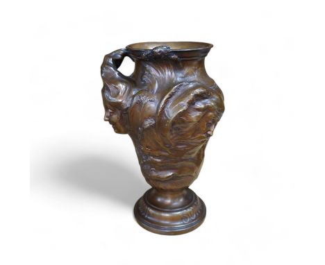 P. Legastelois. An Art Nouveau three sided figural bronze vase, MIDI, SOIR, MATIN written near base, 34cm high. Condition - g