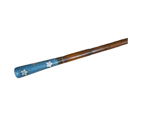 An early 20th century erotica walking stick with cloisonne handle and concealed whip, engraved 'Frida, Le One Two Two' The On