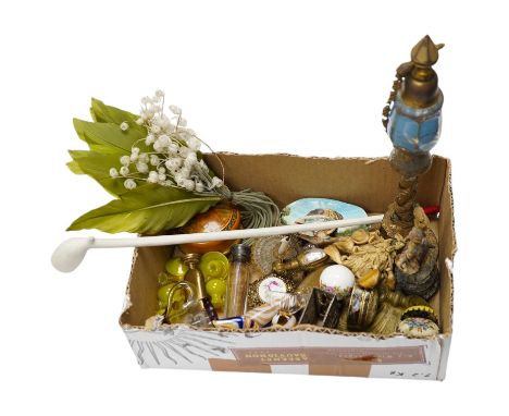 A group of various collectables to include scent bottles, glass, vestas, bronze, shells, etc., tallest item 25cm high. Condit