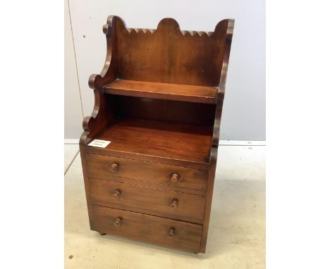 A late Victorian mahogany miniature chest, with a shelf over, width 29cm, depth 20cm, height 54cm. Condition - fair to good