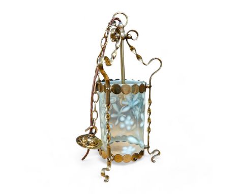 An English Arts and Crafts brass lantern with Vaseline cylinder shade decorated with flowers, including chain and ceiling ros