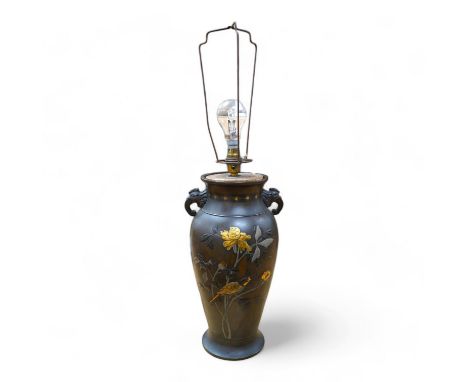 A Japanese bronze and precious metal overlaid vase, Meiji period fitted as a table lamp, 35.5cm high. Condition - drilled for
