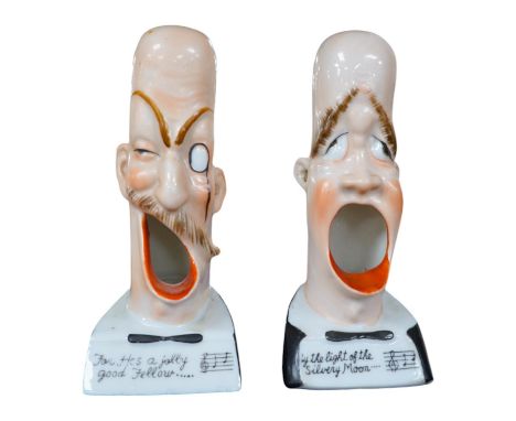 Two Vintage Schafer &amp; Vater Ceramic  Smoking Head ashtrays; 'He's A Jolly Good Fellow' and 'Light of the Silvery Moon', 1