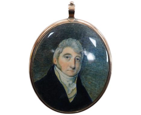 A George III oval portrait miniature on ivory, portrait of a gentleman, lock of hair verso, 6.5cm high, housed in a yellow me